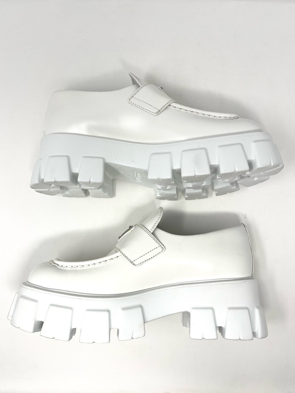 NEW Prada Monolith Triangle Logo White Leather Loafers Heels Chunky 39.5 9.5 - Picture 7 of 14